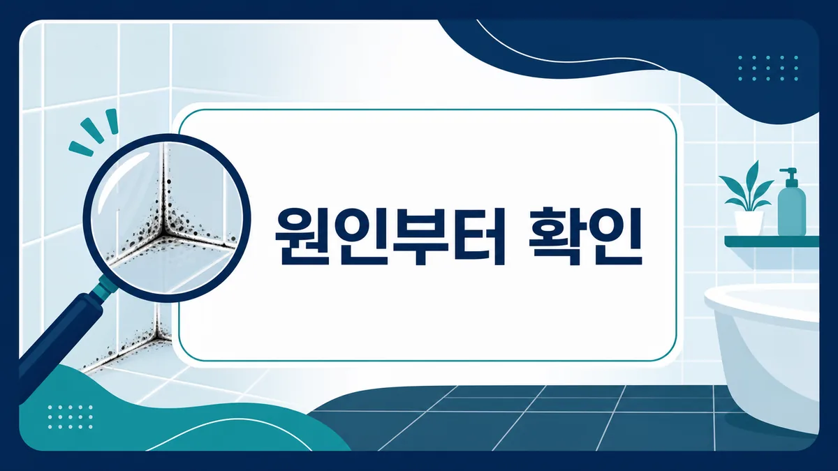 욕실 타일 모서리의 실리콘 곰팡이와 변색 원인을 돋보기로 확인하는 카드 이미지
