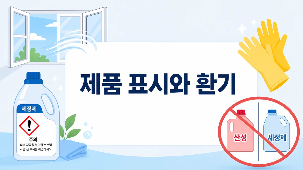 욕실세정제 표시와 보호장갑, 환기창, 산성 제품 혼합 금지를 보여주는 안전 카드 이미지