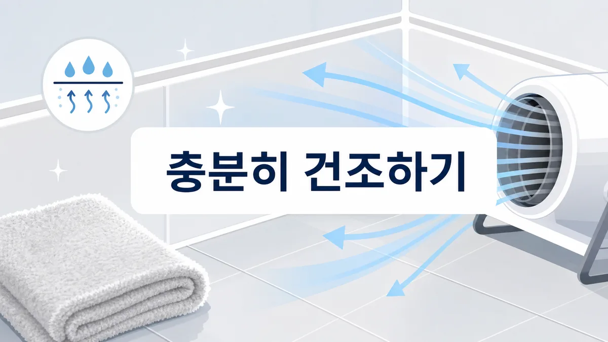 욕실 실리콘 접합부를 수건과 공기 흐름으로 충분히 건조하는 단계 카드 이미지