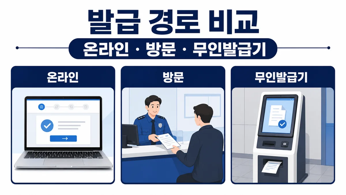 교통사고사실확인원 온라인과 경찰서 방문, 무인발급기 발급 경로를 비교한 카드 이미지