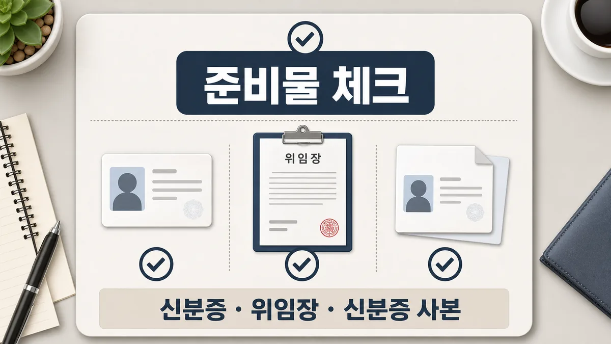 교통사고사실확인원 신청 때 필요한 신분증과 위임장, 신분증 사본을 점검하는 카드 이미지