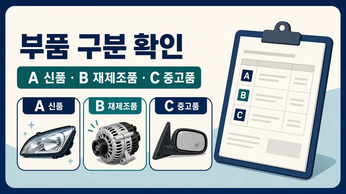 자동차정비 명세서의 A 신품 B 재제조품 C 중고품 구분을 설명하는 카드 이미지