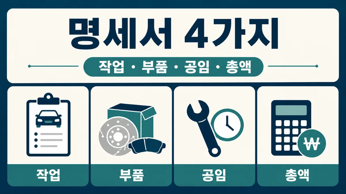 자동차정비 명세서에서 작업 부품 공임 총액 네 항목을 확인하는 카드 이미지