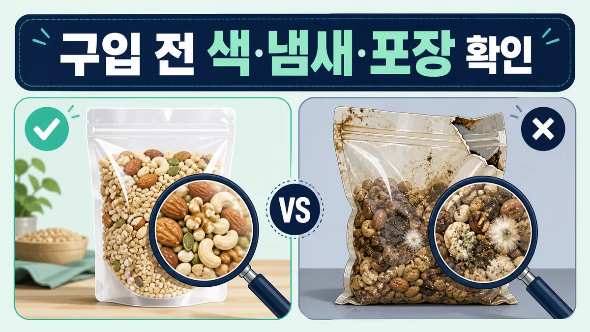 견과류와 곡류 제품의 색 냄새 포장 파손을 구입 전에 비교 확인하는 이미지