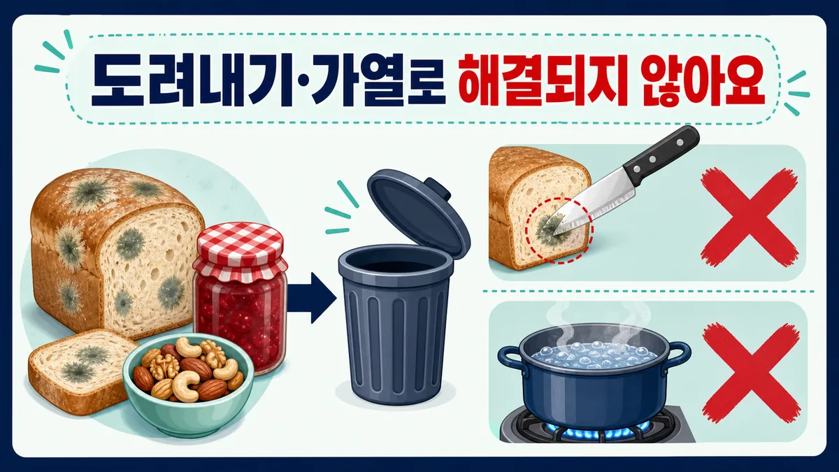 곰팡이 핀 빵과 견과류를 도려내거나 가열하지 말고 폐기하라는 안내 이미지