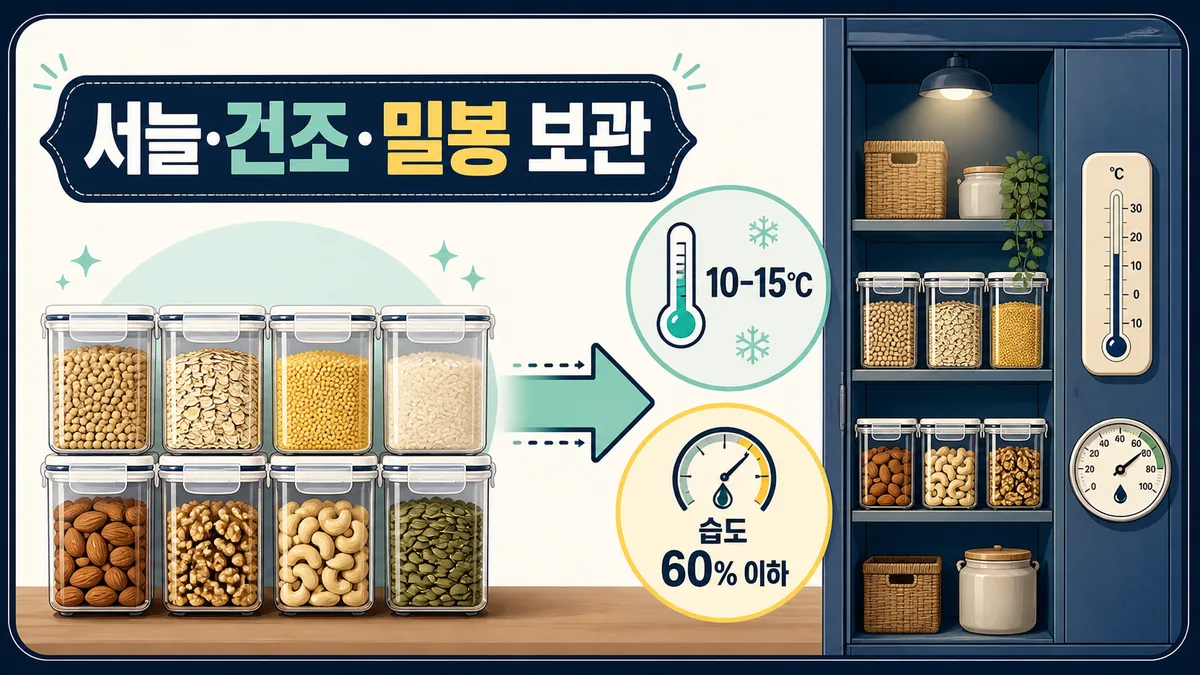 곡류와 견과류를 습도 60퍼센트 이하의 서늘한 곳에 나눠 밀봉 보관하는 이미지