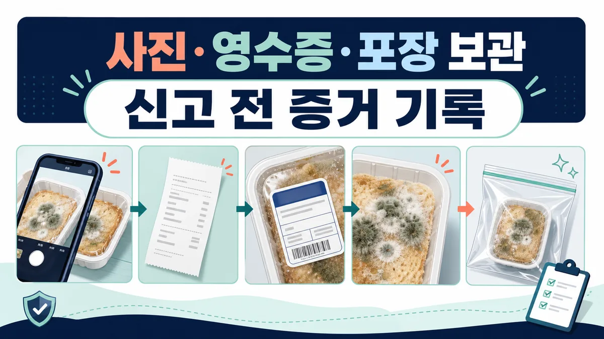 곰팡이 발견 식품의 사진 영수증 포장 표시를 기록하고 밀봉 보관하는 이미지