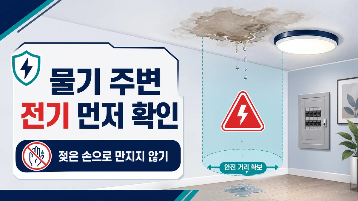 천장 물기와 조명 주변 전기 위험을 확인하고 젖은 손으로 만지지 말라는 안전 안내 이미지