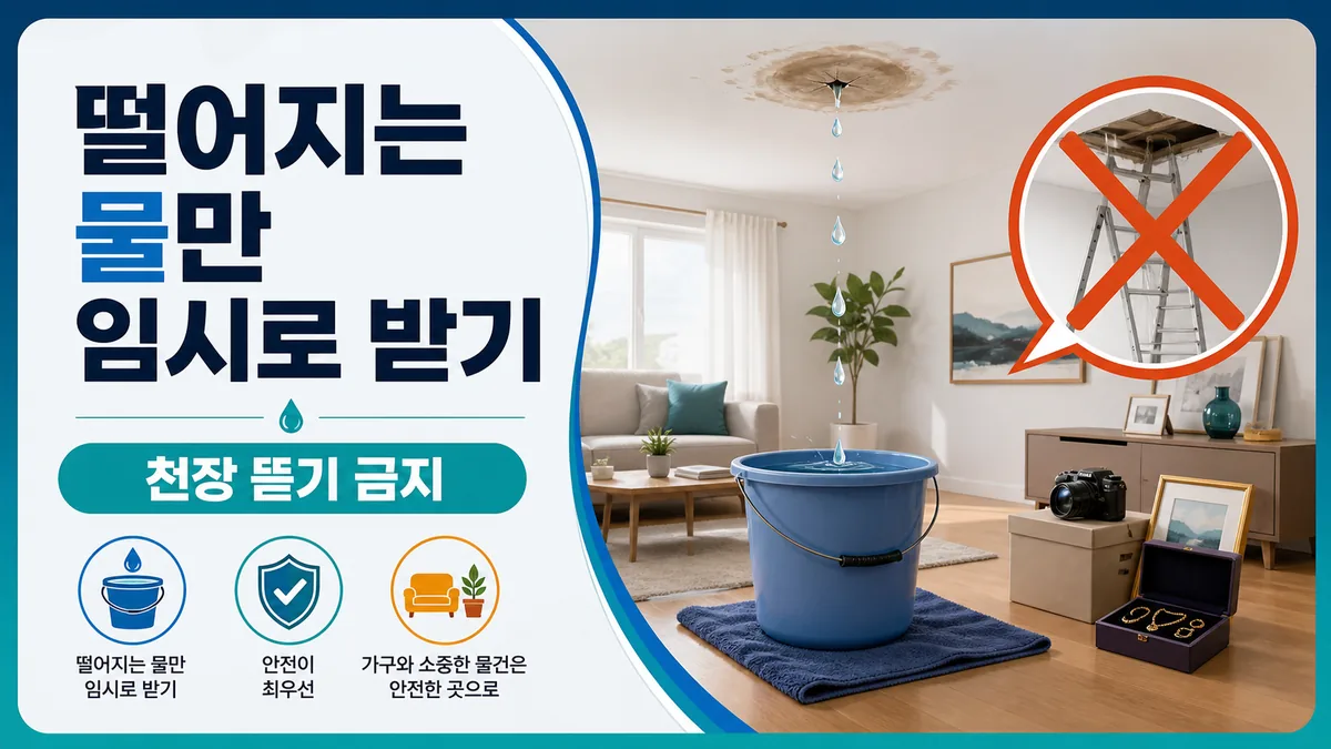 안전한 마른 바닥에서 천장 물방울을 용기로 받고 천장 철거는 하지 않는 임시조치 이미지