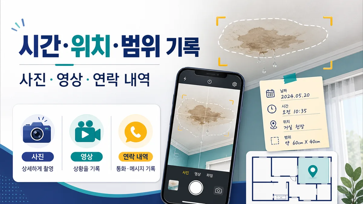 천장 누수의 시간 위치 범위를 사진 영상 연락 내역으로 기록하는 방법 안내 이미지