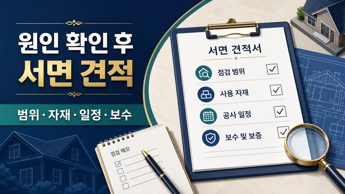 누수 원인 확인 뒤 점검 범위 자재 일정 보수 조건을 서면 견적으로 확인하는 체크 이미지