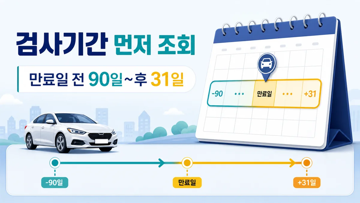 자동차 정기검사 기간이 유효기간 만료일 전 90일부터 후 31일까지임을 보여주는 달력 안내 이미지