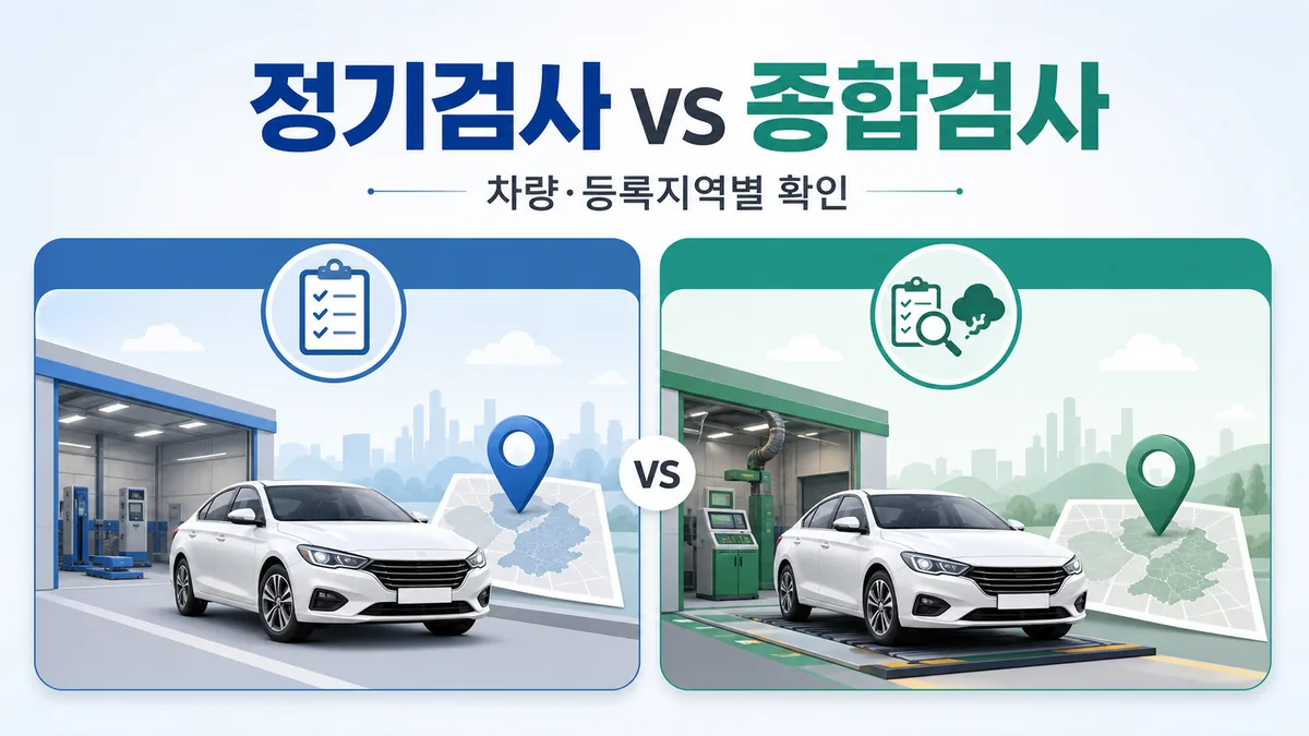 자동차 정기검사와 종합검사를 차량과 등록지역 조건에 따라 구분하는 비교 이미지