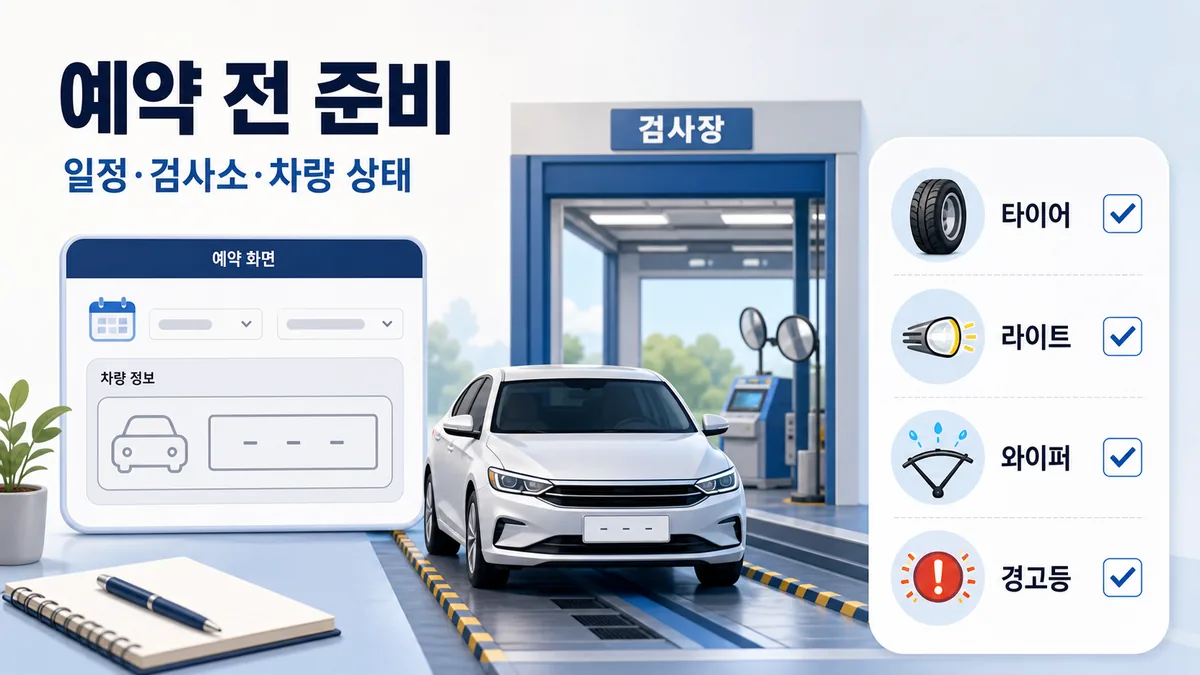 자동차 검사 예약 전 일정 검사소 타이어 등화장치 와이퍼 경고등을 확인하는 준비 이미지