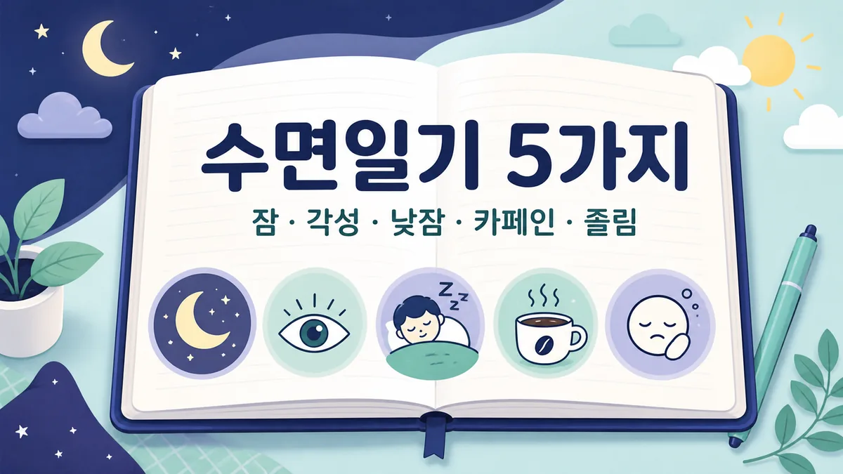 잠과 각성, 낮잠, 카페인, 주간 졸림을 적는 수면일기 5가지 항목 카드