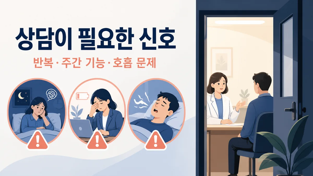 반복되는 수면 문제와 주간 기능 저하, 호흡 문제를 상담 신호로 안내하는 카드