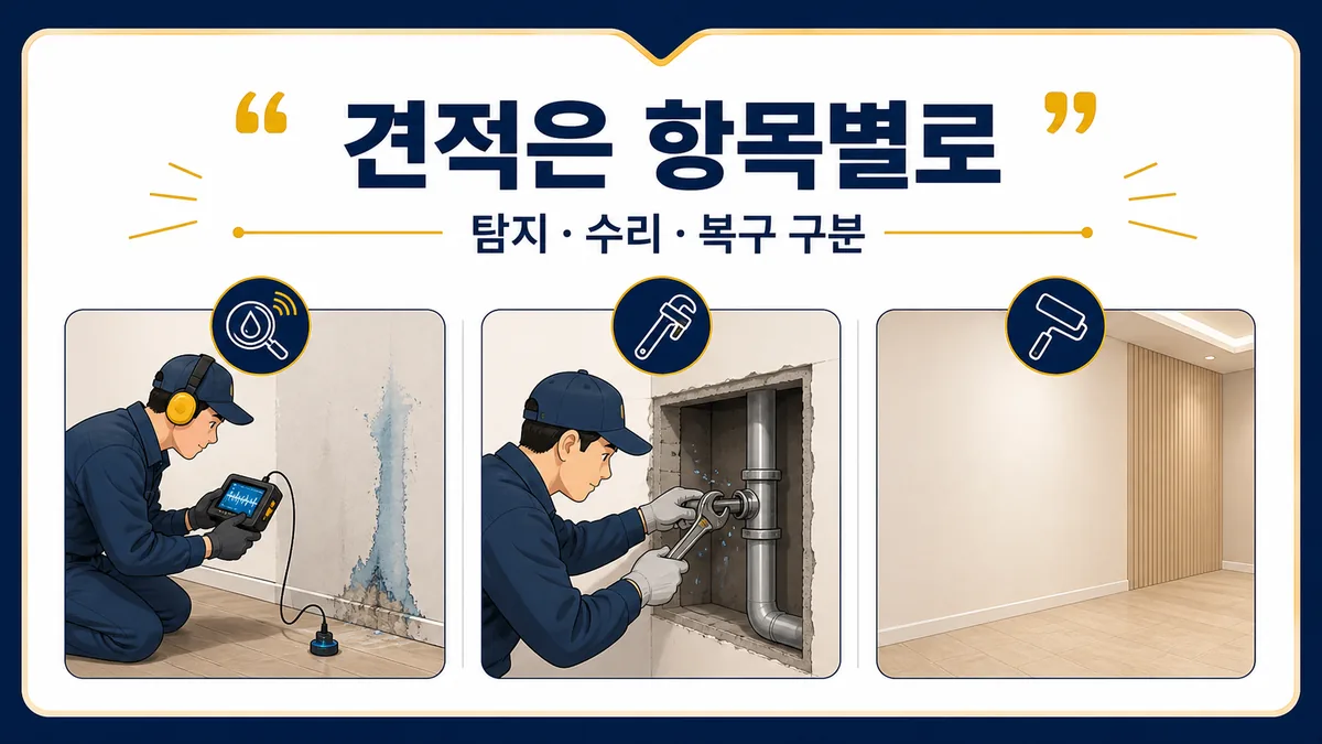 울산 남구 누수 업체 견적에서 탐지비와 수리비, 마감 복구비를 구분하는 안내 카드
