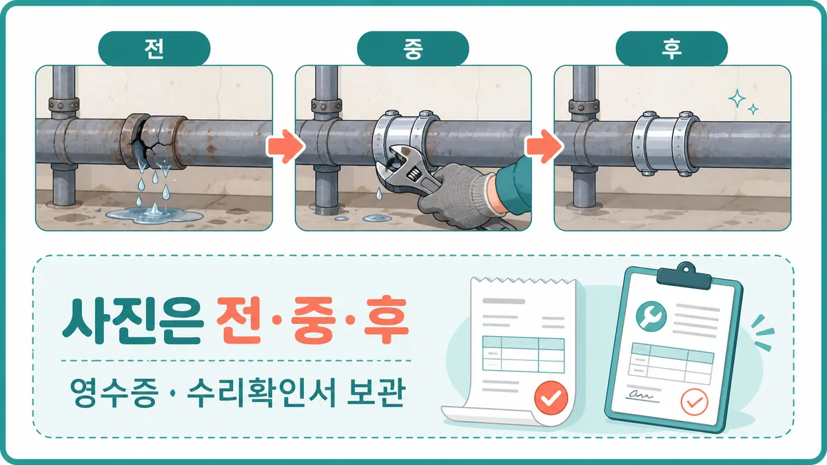 누수 수리 전과 작업 중, 완료 후 사진과 영수증 및 수리확인서를 보관하는 안내 카드