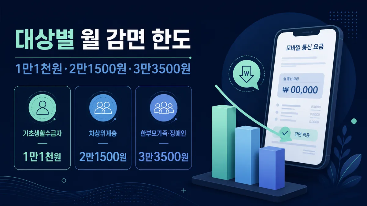 2026 이동통신요금 감면의 월 최대 1만1000원 2만1500원 3만3500원 한도를 보여주는 요금 카드