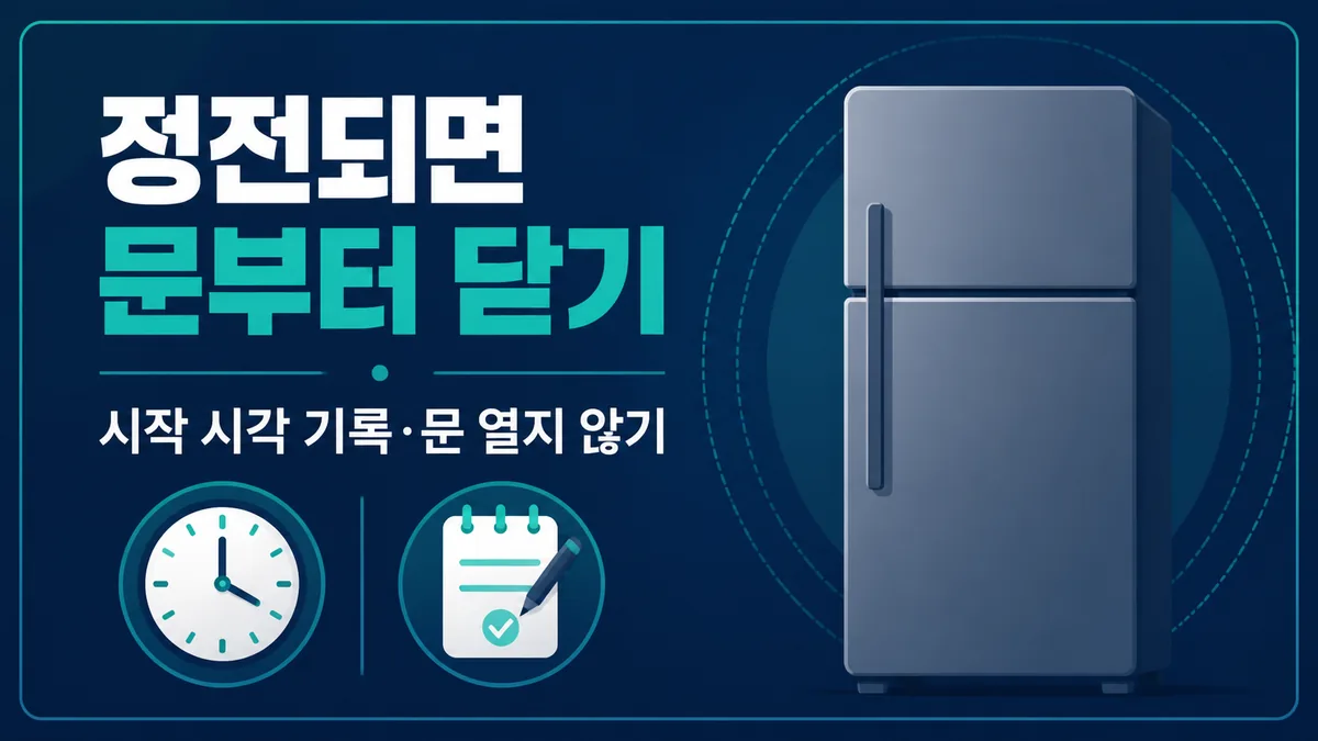 정전이 시작되면 시각을 기록하고 냉장고 문을 열지 않는 행동요령 카드