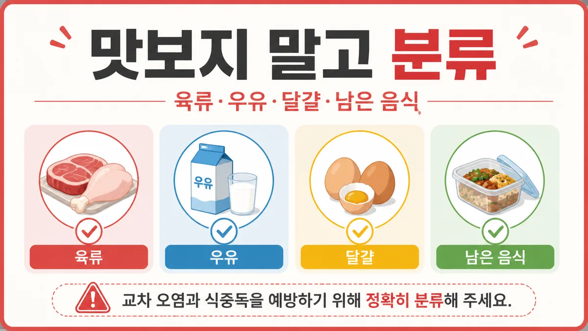육류 우유 달걀 남은 음식을 맛보지 않고 우선 분류하도록 안내하는 식품안전 카드