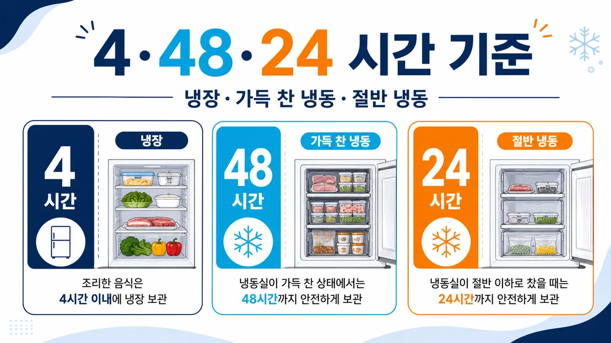 냉장실 4시간과 가득 찬 냉동실 48시간, 절반 찬 냉동실 24시간을 비교한 안내 카드