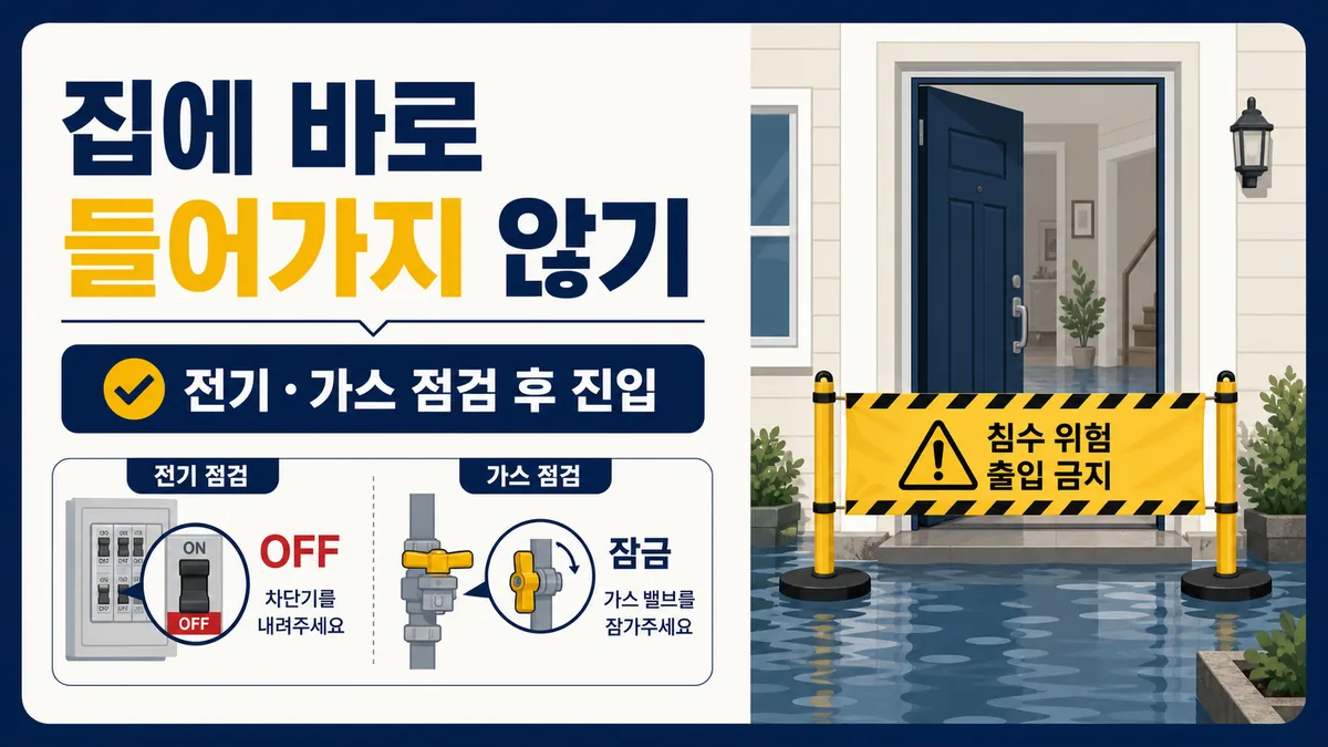 침수 주택 출입 전 전기 차단기와 가스 밸브를 전문가가 점검한 뒤 진입하도록 안내하는 카드
