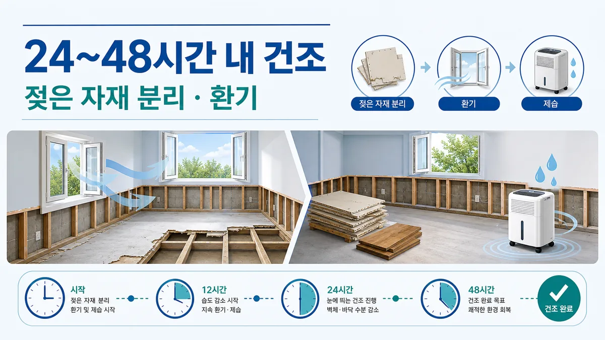 침수 후 젖은 벽체와 바닥 자재를 분리하고 환기와 제습으로 24~48시간 내 건조를 시작하는 카드