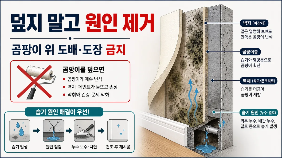 젖은 벽체의 곰팡이를 도배나 페인트로 덮지 않고 누수 원인 제거와 내부 건조 후 재시공하는 카드