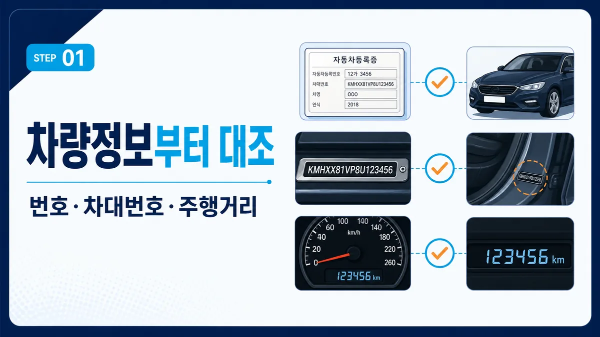 중고차 등록번호와 차대번호, 주행거리를 기록부와 대조하는 안내 카드