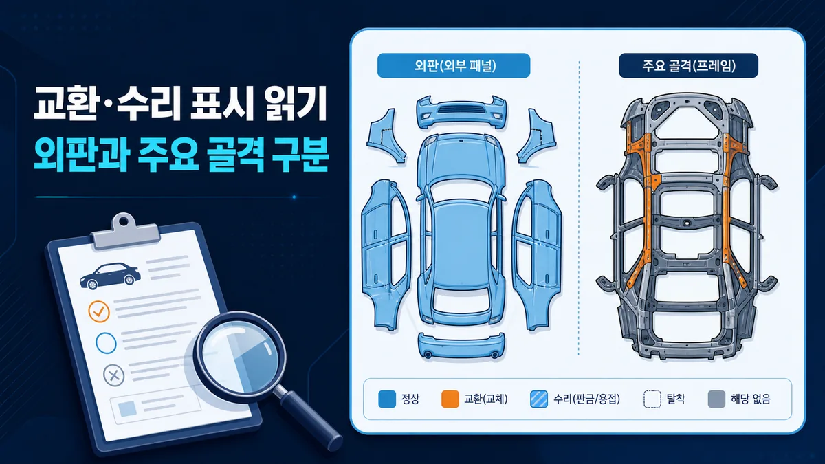 중고차 외판과 주요 골격의 교환 및 수리 표시 차이를 보여주는 차체 도식