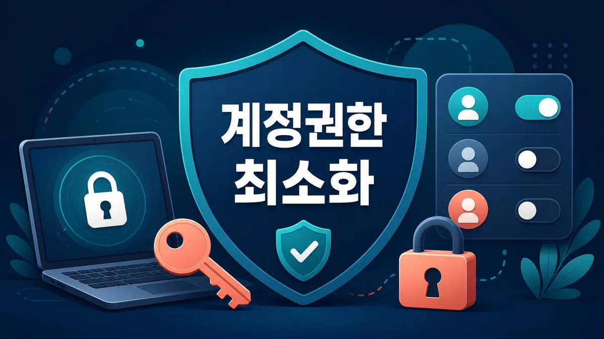 방패와 잠금장치로 블로그 관리자 계정 권한 최소화를 설명하는 보안 안내