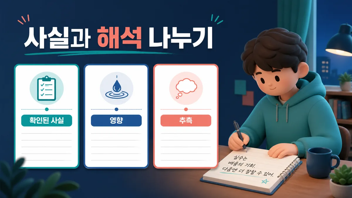 실수 뒤 확인된 사실, 실제 영향, 아직 확인되지 않은 추측을 세 칸으로 나누는 카드형 안내 이미지