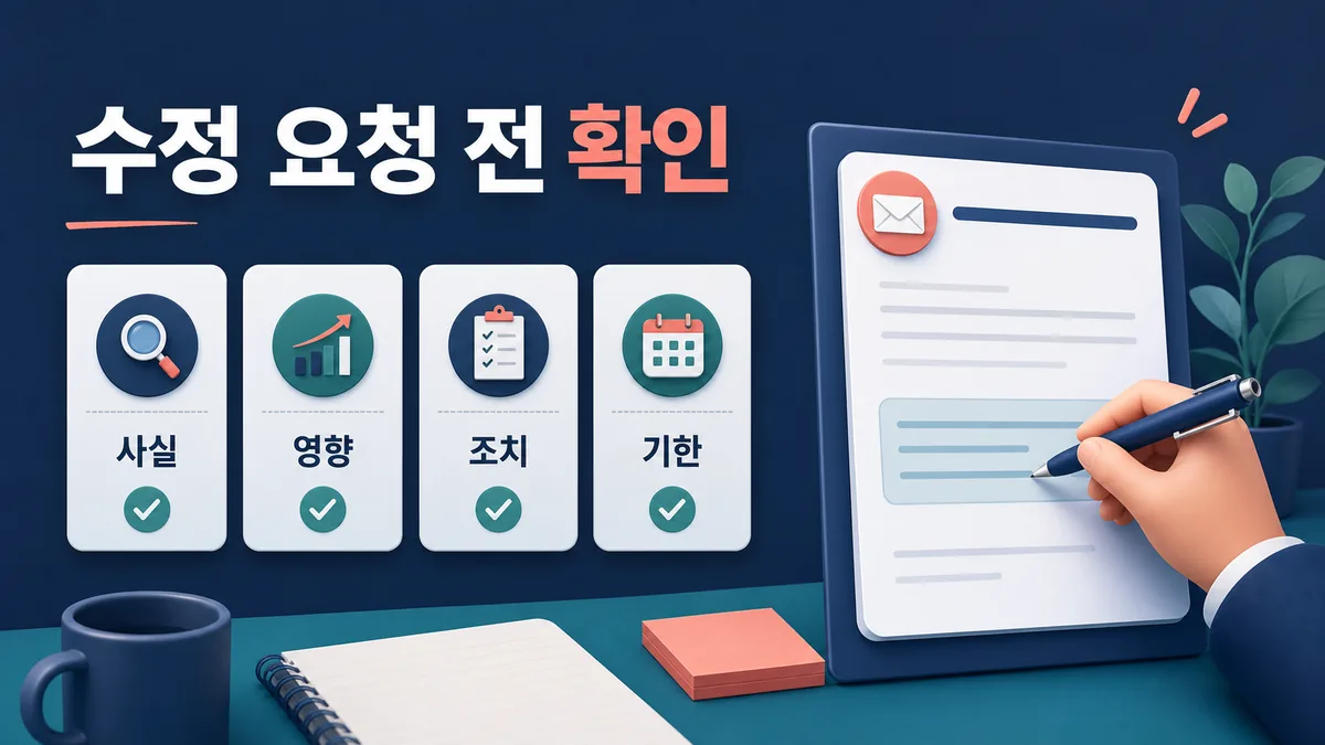 수정 요청 전에 사실, 영향, 조치, 기한 네 항목을 확인하는 카드형 이미지