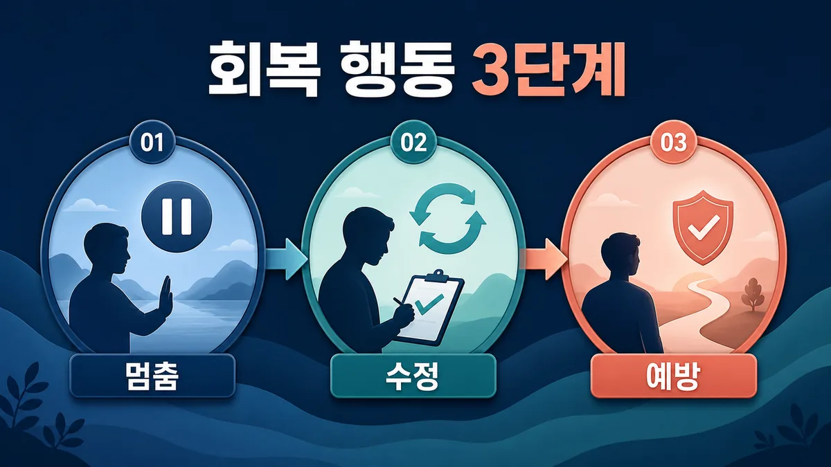 실수 뒤 멈춤, 수정, 예방의 세 단계로 회복 행동을 정리한 애니메이션풍 이미지