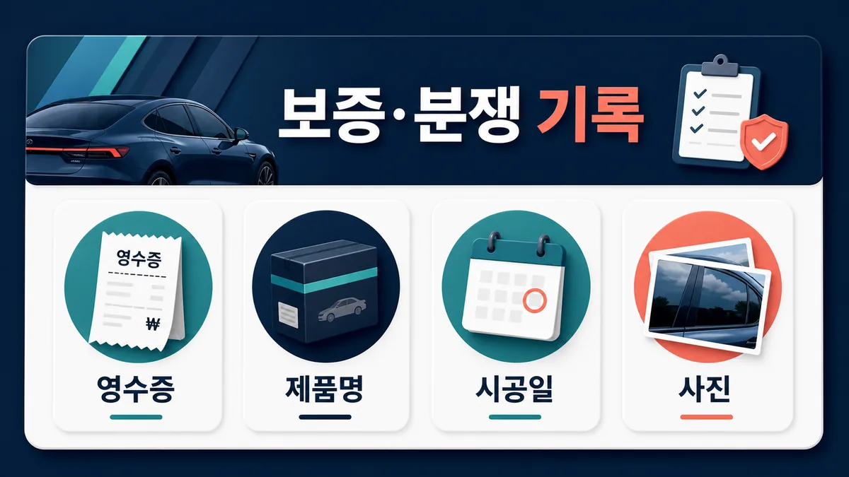 자동차 썬팅 분쟁에 대비해 영수증, 제품명, 시공일, 하자 사진을 보관하는 안내 이미지