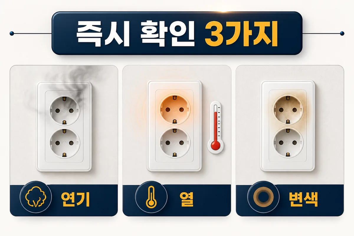 콘센트의 연기·비정상 열·변색 세 가지 위험 신호를 구분한 카드형 안전 안내 이미지