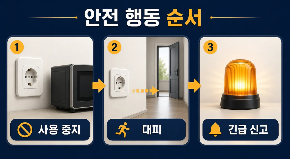 의심되는 콘센트를 발견했을 때 사용 중지·대피·긴급 신고 순서를 보여주는 카드형 이미지