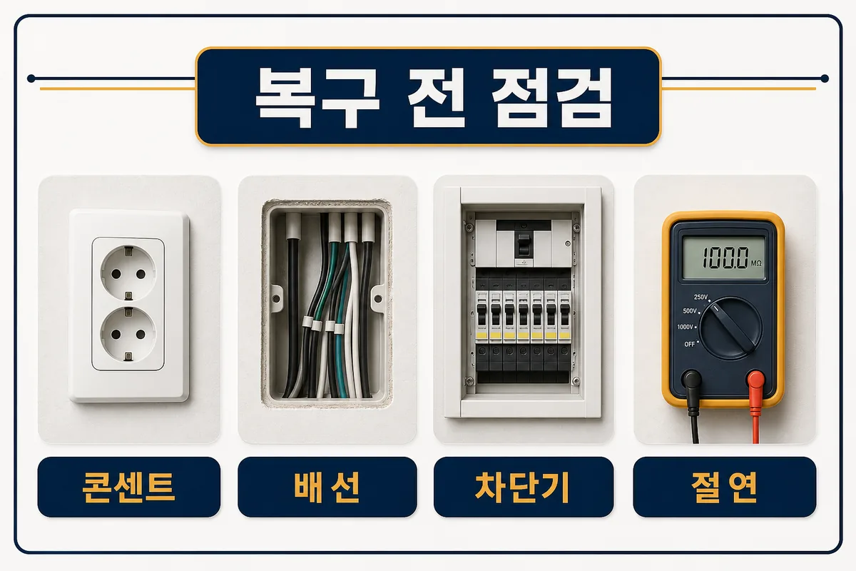 콘센트·벽 내부 배선·차단기·절연 상태를 복구 전에 점검하는 항목을 보여주는 이미지