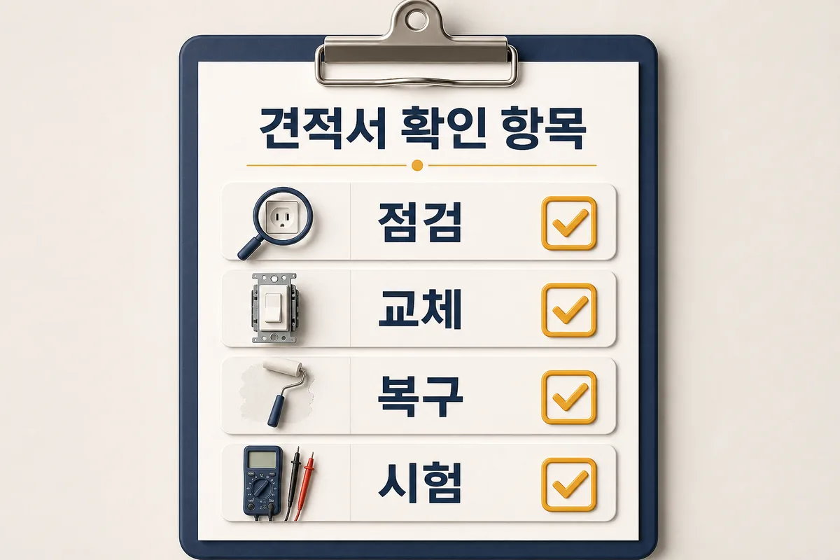 전기 공사 견적서의 점검·교체·마감 복구·시험 항목을 확인하는 체크카드 이미지