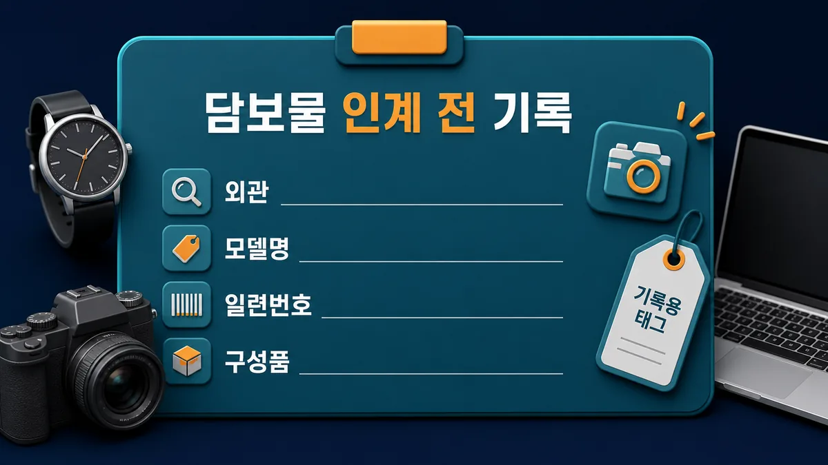 손목시계 카메라 노트북 담보물의 외관 모델명 일련번호 구성품을 인계 전에 기록하는 안내 카드