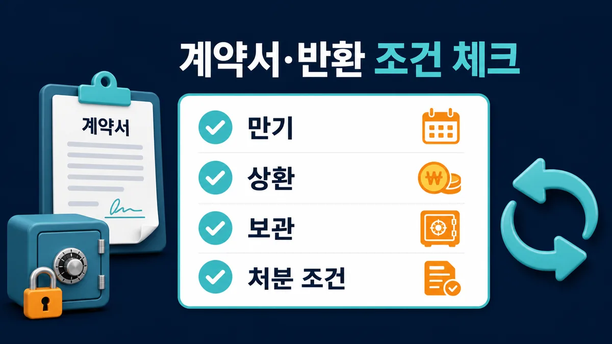 전당포 계약서에서 만기 상환 보관 처분 조건을 확인하는 반환 조건 체크 카드