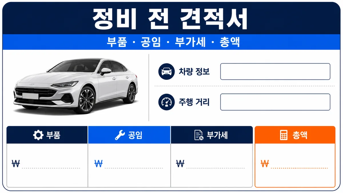 충주시 자동차정비 전 차량정보 주행거리 부품 공임 부가세 총액을 확인하는 견적서 카드
