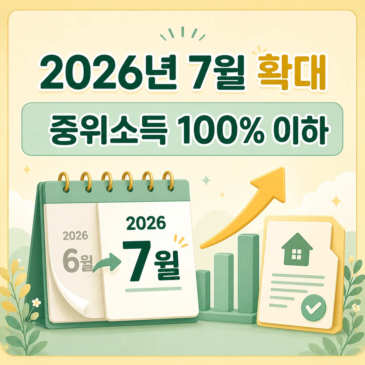 2026년 7월 기저귀 지원 장애인 다자녀 가구 소득기준이 중위소득 100퍼센트 이하로 확대된 안내 카드