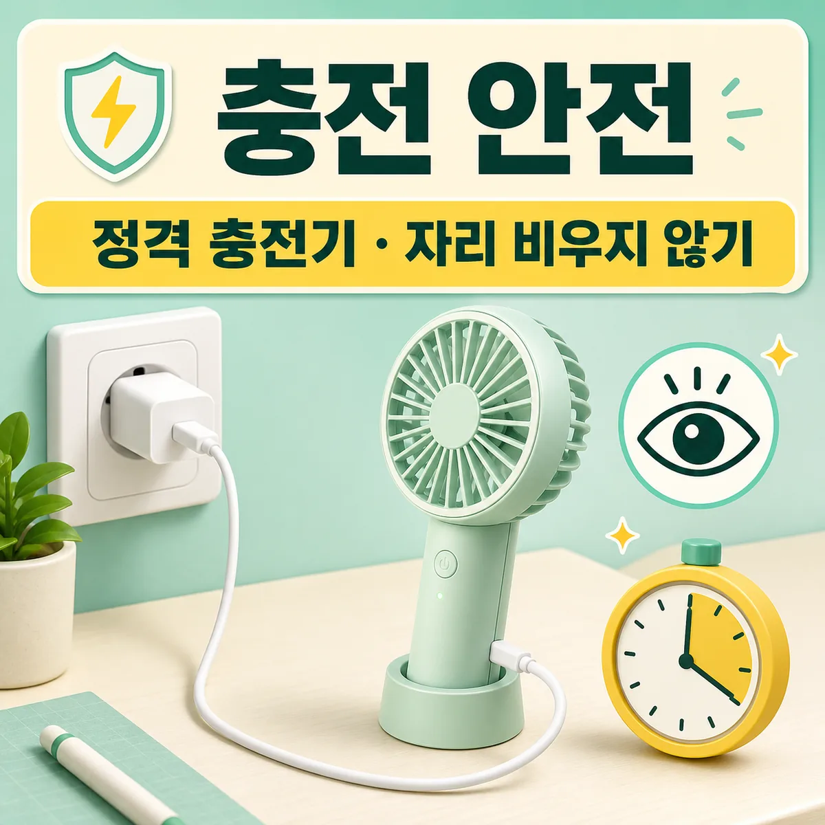 휴대용 선풍기를 정격 충전기로 평평한 책상 위에서 지켜보며 충전하는 안전 카드