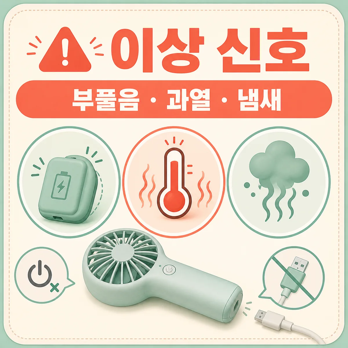 휴대용 선풍기 배터리 부풀음 과열 냄새를 발견하면 전원을 끄고 충전을 중단하는 경고 카드