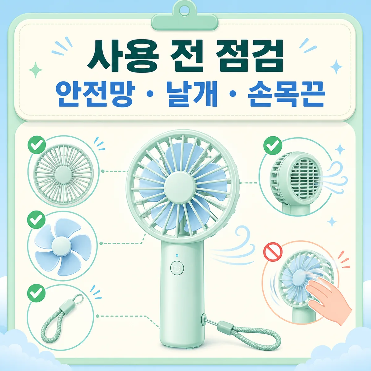 휴대용 선풍기 사용 전 안전망 날개 손목끈과 흡입구를 확인하는 점검 카드