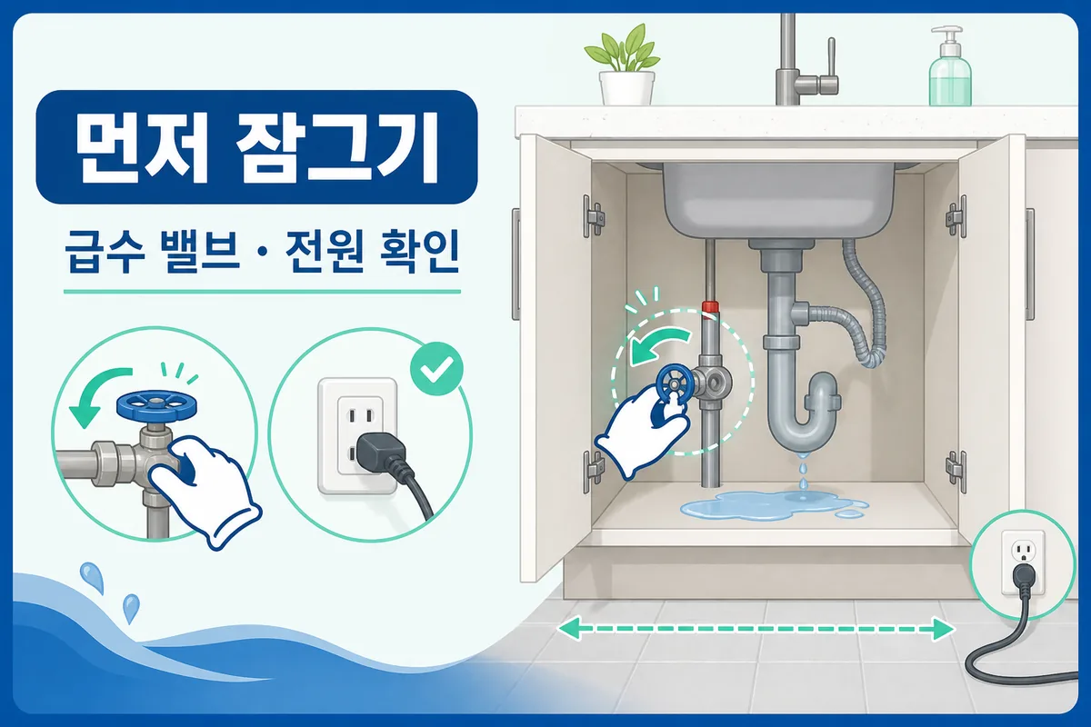 싱크대 하부장 물샘 발견 뒤 급수 밸브와 전기 위험을 먼저 확인하는 순서
