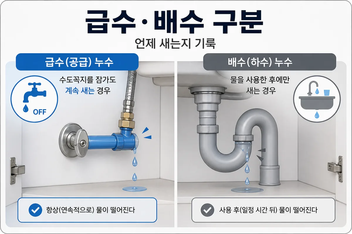 수전 미사용 중에도 새는 급수 계통과 물 사용 뒤 새는 배수 계통 비교 카드