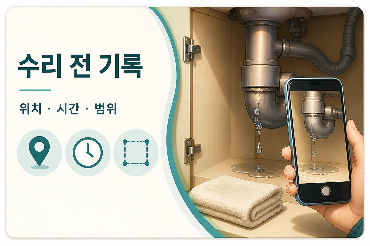 싱크대 배관 누수 위치와 발생 시간 및 젖은 범위를 사진으로 기록하는 장면